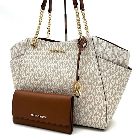 Michael Kors Large Jet Set Travel Chain Shoulder Bag & Trifold Wallet Vanilla - Picture 1 of 14